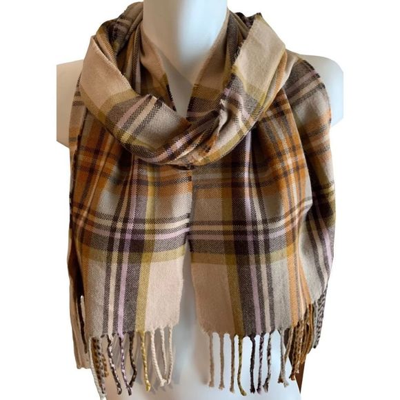 Echo/Winter Rectangle Scarf Fringe/Beige Pink Gold Plaid/10" x 66"/4" Fringe - Picture 1 of 5